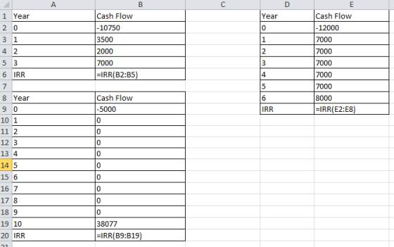 1 Year Year 2 0 3 1 4 2 5 3 6 IRR Cash Flow - 10750 3500 2000 7000 =IRR(B2:35) Cash Flow - 12000 7000 7000 7000 7000 7000 800