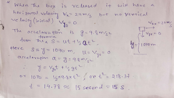 a but ve = 2111 The accelaration formula When the box is released it will have horizontal velocity War 211 m/s no vertical we
