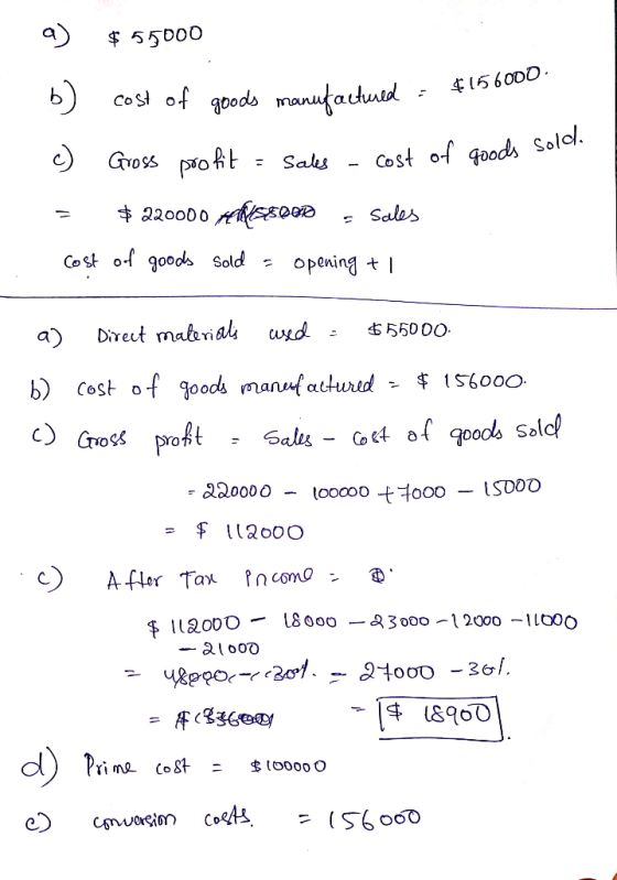 a) $55000 b) cost of goods manufactured & c) Gross profit = sales - cost of goods solo = $220000 ARISEPOD = Sales cost of goo