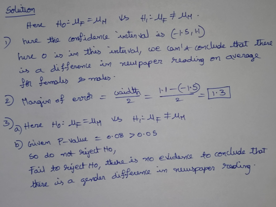 Solution Here Ho MF = My vs Hi-Me & My. D here the confidence interval ies (1.5, 6) here o is in this interval, we cant conc