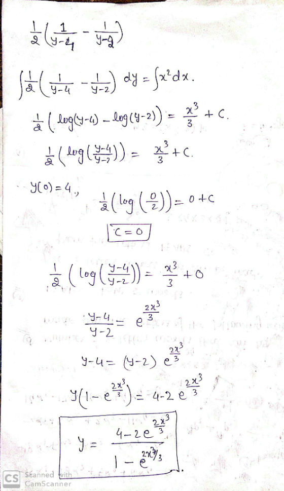 de los tem St Curta ) dy = {x?dx. à (longly-ti) – log(4-2)) = 33 + C. å long (erhu)) = +C. à (log (*))= 0+0 C=0 á (log(5:14)