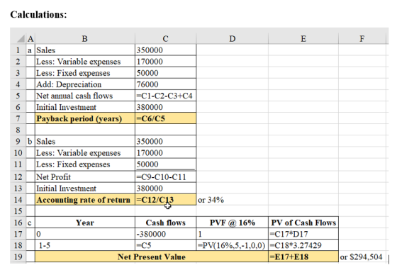 Calculations: D E 1 A в a Sales Less: Variable expenses Less: Fixed expenses Add: Depreciation Net annual cash flows Initial