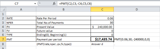 C7 foc =PMT(C2,C3,-C4,C5,C6) в А 0.06 30 1 2 RATE 3 NPER 4 PV 5 FV 6 TYPE 7 PMT $ 240,000.00 Rate Per Period Total No.of Paym