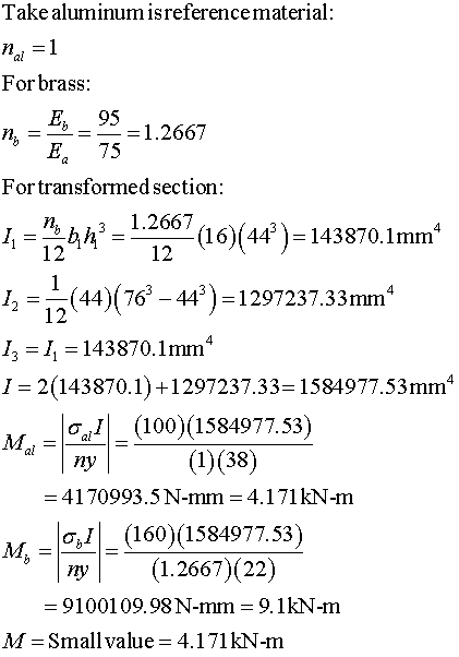 「ake aluminum is reference material: al For brass n, 1 . 2667 Fortransformed section E. 95 E 75 tca 11 = 쓰hA3 = 13667 ( 1-(44