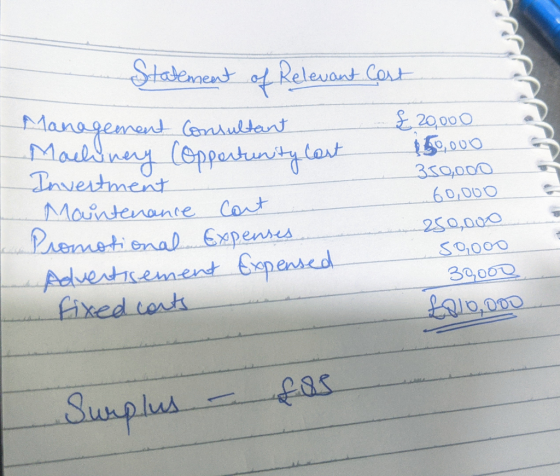 Statement of Relevant Cost Management Consultant £20,000 Machinery Copportunity cost 150,000 Invertment 350,000 60,000 Mainte