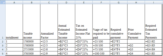 Н Annual Estimated |Тахable Income Required Estimated Cumulative Tax Payments |=G2-H2 =G3-H3 |=G4-H4 =G5-H5 Тах on Estimated