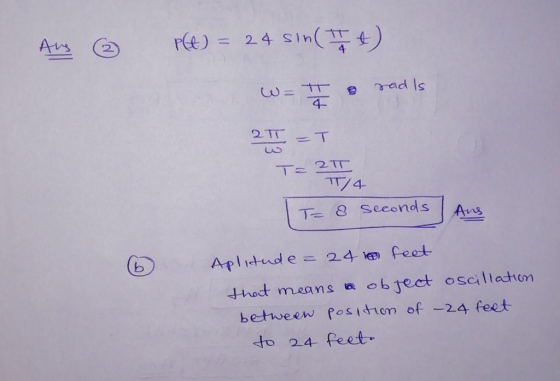4스 @) ree) = 24 sın(34-4.) 4- T 4- T & seconds Ans 4hat means ob ject oscillactm betweew fosittom of -24 feet o 24 Peet