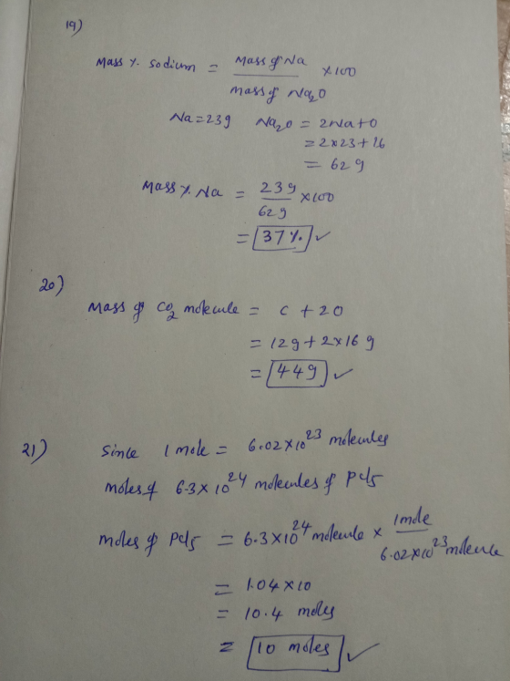 19) Mass y. sodium - Na=239 Massana X100 mass y no Nao - anato 22x23+ 16 = 629 239 X100 Mass 7. Na = 629 = (37%. 20) Mass of