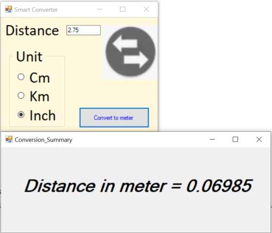 Smart Converter Х Distance 2.75 Unit o Cm o Km o Inch Convert to meter Conversion_Summary Х Distance in meter = 0.06985