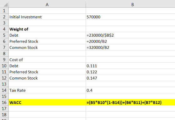 В 1 2 Initial Investment 570000 3 4 Weight of 5 Debt 6 Preferred Stock 7 Common Stock -230000/$B$2 -20000/B2 320000/B2 8 9 Co