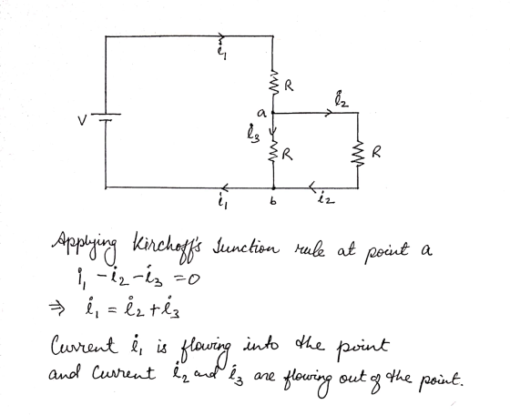 R iz an w R ی۔ b iz point a Applying Kirchoffs Junction rule at , -iz-éz =0 ů, = iz tez Current li is flowing and Current i,