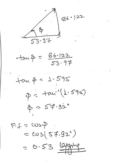 86 - ) 22 53-97 tanga 86-122 53.97 ten & - 2.595 In tau (1-598) $57.92° Pefa uso scus (57.92°) = 0.53 lagging