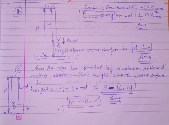 Etotal - Gravitational PE +(K Elmax Etotal = mg/H-Lot I m Vmax Ans 2 eight above water surfate is H-Lo when the rope has stre