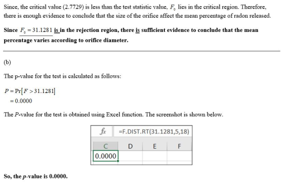 Since, the critical value (2.7729) is less than the test statistic value, F, lies in the critical region. Therefore, there is