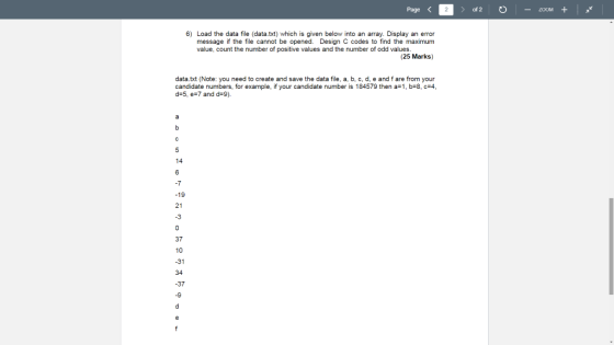 Page 2 of 2 0 - 200m + 6) Load the data file (data.txt) which is given below into an array. Display an error message if the f