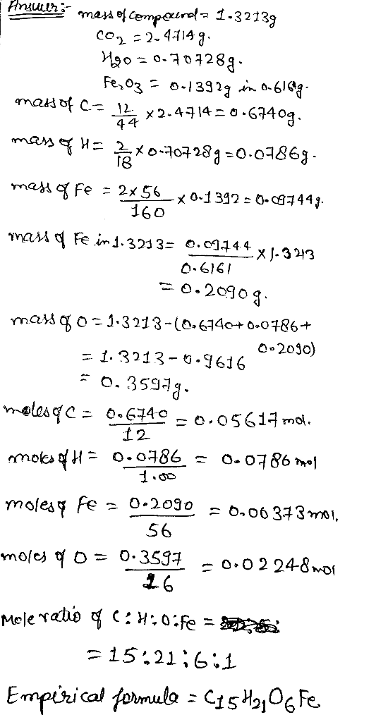 Hruulr maa of cempeurel - 1-32139 co2 2-4114 Ho 0-701288 Fe,03 13323 n^61 madof C x2-4114 0 .6440g. 44 1 07280.01863 mass Fe=