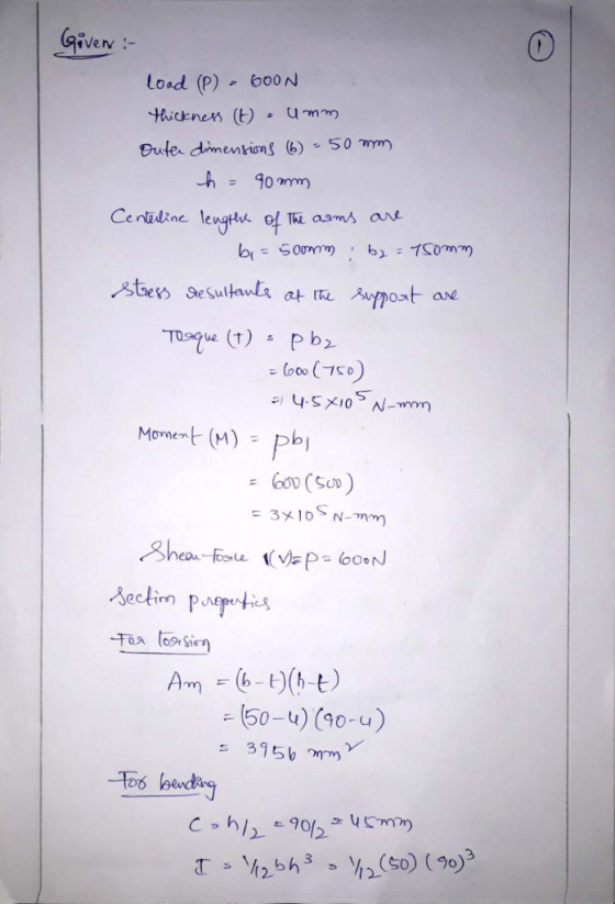 Given :- load (P) = 600N thickness (1) a umm Outer dimensions (6) =50 mm h: 90 mm Centerline lengths of the arms are b1 = 5 c