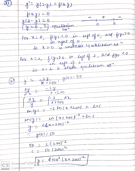2 y = y(2-y) = frag) ferry)=0 y (2- ) = 0 y=0,21 equilibmium for 2 0 fly, co in left of o, and frys 70 in night of a - So x=0