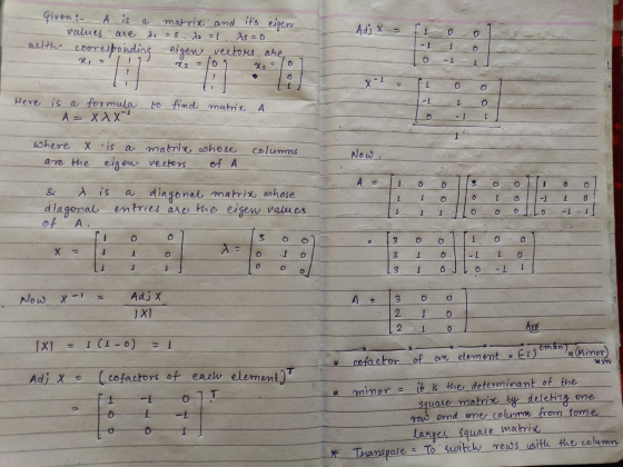 Given :- A is a matrix and its eigen values are A = 8. do 21 ts=0 with cooresponding eigen vectors are Ad; x = 0 0 1 0 x = O