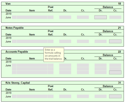 Van 18 Post Balance Date Item Ref. Dr. Cr. Dr. Cr. 2019 June Notes Payable 21 Post Balance Ref. Cr. Date Item Dr. Crг. Dr. 20