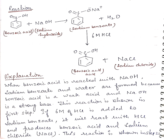 Reaction og-oh [ 7 + NaOH (Benzoic acid) (sodium hydroxide) Oueronat + H₂O (Sodium benzoate) 6MHce One-on o + Nace (sodium ch