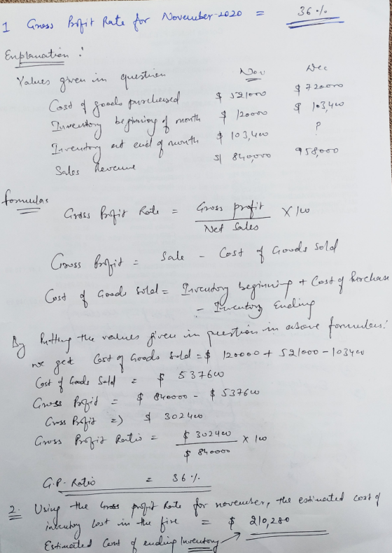 BANAS 36% Vou Wec ण $ 72o0ro 1 Gross Profit Rate for November 2020 = Explanation : Yalues giren in question Cost of goools pu