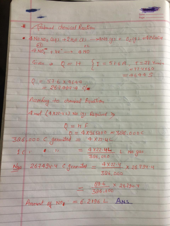 Date:. Page aloned chemical Reaction 4Na Na2 Cag+2Hao C ANO 24g+4Naby +2 4 NO 4e 4 NO Given 77.4X6O 4644 S EST-6X 4644 = 2674