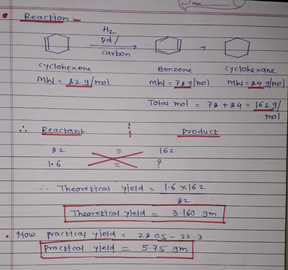 Page ReacHon Hz Canbon Cyclohexane Cyclohexene Benzene MW-829/mo mkl 769mo) = 79 + 24= 1629/ Totay mol Pooduct Reactank 162 8