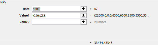 NPV Rate 10% =0.1 Value1 {22000;0;0;0;6500;6500;2500;3500;35... G29:G38 Value2 =number 33454.48345