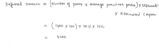 Deferred revenue = [Number of pairs x Average purchase prece) x Discount X Estimated Coupon = (1400 X loo) 30 % * 100% 4200
