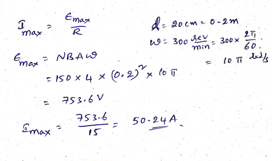 Emax Imax max R wa 300 her min 300 x 60. to a bad/ d=20cm = 0.2m 27 Emax - NBAD = 150 x 4 x. (0.2)x con 753.6V 753.6 50.24 A