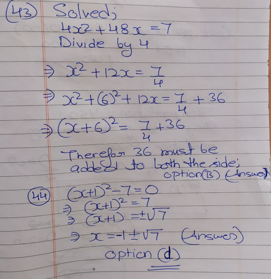 (43) Solved; L402+480=7 Divide by 4 02+(6+12x=I+36 %3D x+6²=7+36 %3D 24 Therefor 36 must be added to both the side OptionB) A