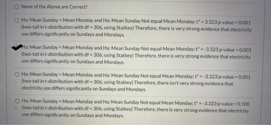 None of the Above are Correct! Ho: Mean Sunday - Mean Monday and Ha: Mean Sunday Not equal Mean Monday;t* = 3.323 p-value = 0