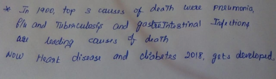 * In 1900, top 3 causes of death were preumonia, blu and Tuberculosis and gastro Intestinal Infections are leading causes of