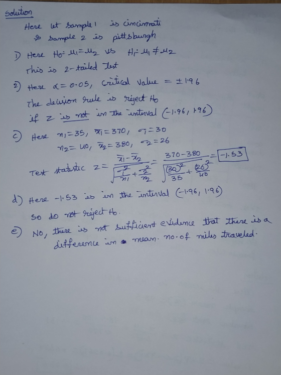 - solution Here let sample is cincimati & sample 2 is pittsburgh D Here Holi Fally us Hili falla This is 2-tailed test 2) Her