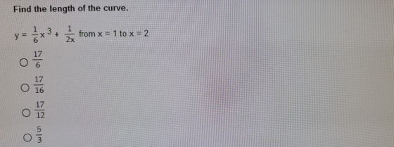 Find the length of the curve. 1 y= x 3, 1 1 + from x = 1 to X = 2 ο ο ωσι Bls Gls os o- ο ο