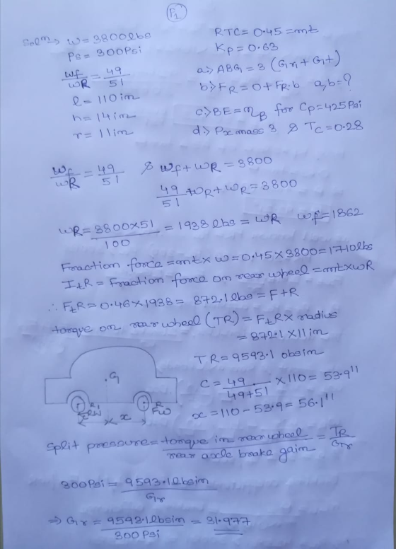 p wftwR=3800 Sooms w=3800lbs RTC=0.45.=mt Ps= 3oopsi Kp=0.63 Wf WR a) ABG = 3 (Grit Gt) 51 D 110im by Fr=of Frib a, b = ? h=1