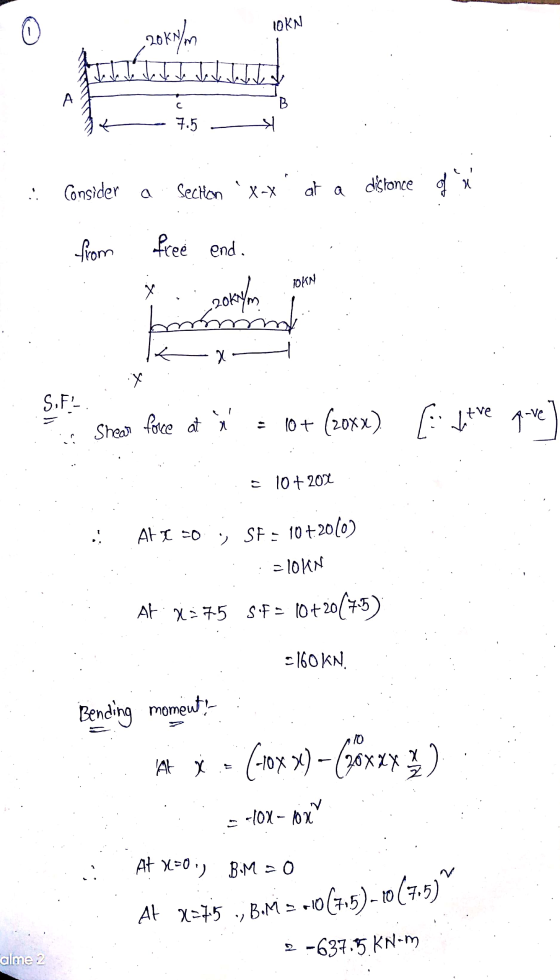 IOKN 2011/m B e 7.5 T X Consider a at a - ; distance of Section X-X from free end. .x OKN 120klyn 2- X S.F- - Shear force at