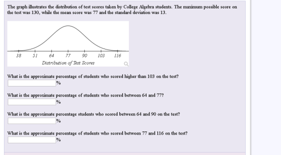 The graph illustrates the distribution of test scores taken by College Algebra students. The maximum possible score on the test was 130, while the mean score was 77 and the standard deviation was 13. 38 5164 7790 103116 Distribution of Test Scores What is the approximate percentage of students who scored higher than 103 on the test? What is the approximate percentage of students who scored between 64 and 77? What is the approximate percentage students who scored between 64 and 90 on the test? What is the approximate percentage of students who scored between 77 and 116 on the test?
