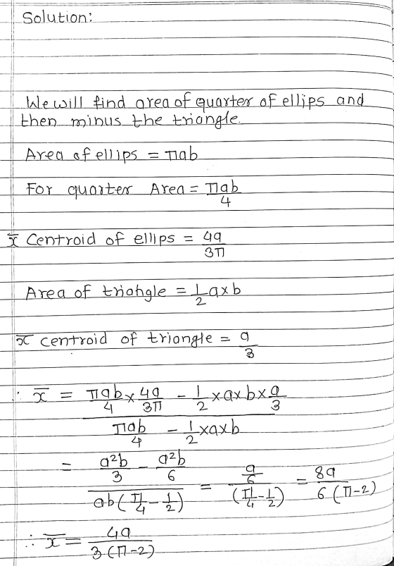 Solution Wale will find area of quarter of ellips and then minus the triangle Area of ellips Trab For quarters Area = tlab 4