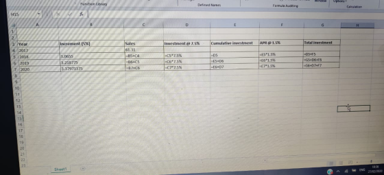 Function Library Window Options Defined Names Formula Auditing Calculation H15 H3 Increment (5%) Investment @ 7.5% Cumulative
