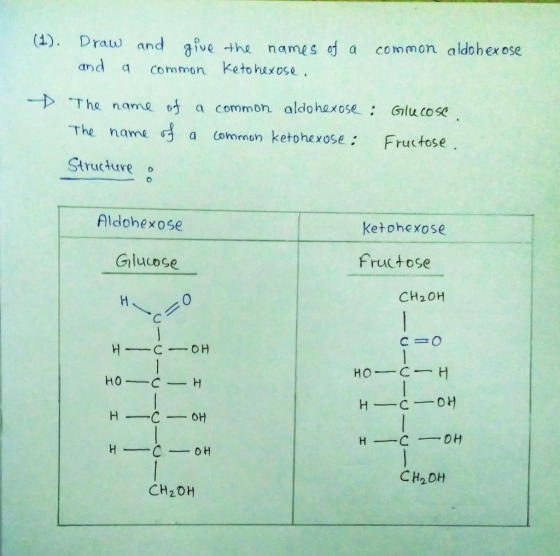 (1). Draw and and give the names of a common keto hexose. common aldohexose a -D The name of a common aldo hexose : Glucose.