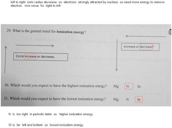 left to right ionic radius decrease so electrons strongly attracted by nucleus so need more energy to remove electron. vice v