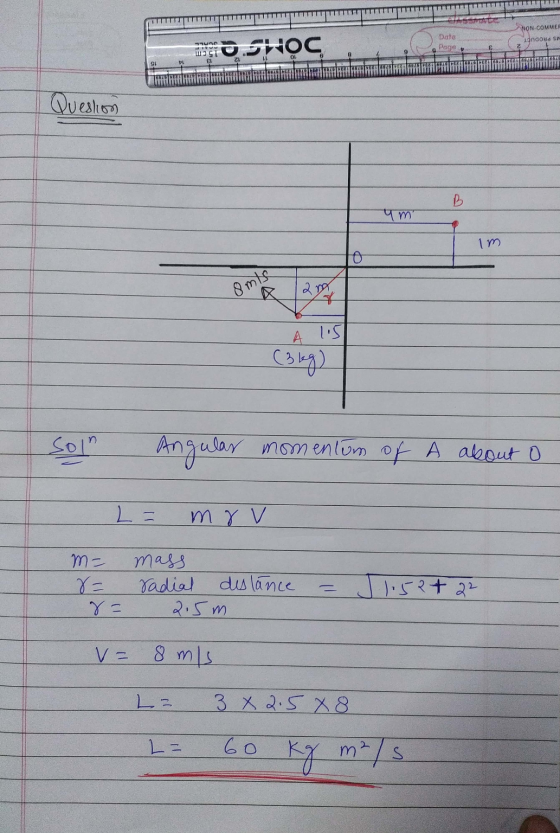 Date Page NON-COMMER 1dndowd su üssid.SHOC Question ym im omis 2 g 1.5 (3 kg) Soin Angular momentum of H about o L = mov m- 8