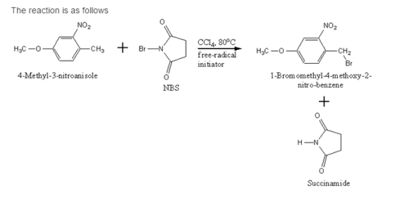 The reaction is as follows 0 NO2 NO2 CCla, 80°C + Br-N/ | free.adca. CH2 Br 0% CH3 HyC-0 initiator 1-Bromomethyl-4-methoxy-2