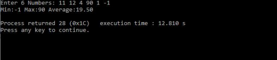 Enter 6 Numbers: 11 12 4 90 1-1 Min:-1 Max:9e Average:19.50 Process returned 28 (0x1C) execution time 12.81e s Press any key