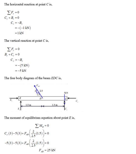 The horizontal reaction at point C is С, + В, -0 С, %3-В, --(-1 kN) =1 kN The vertical reaction at point C is, В, +С, %3D0 С,