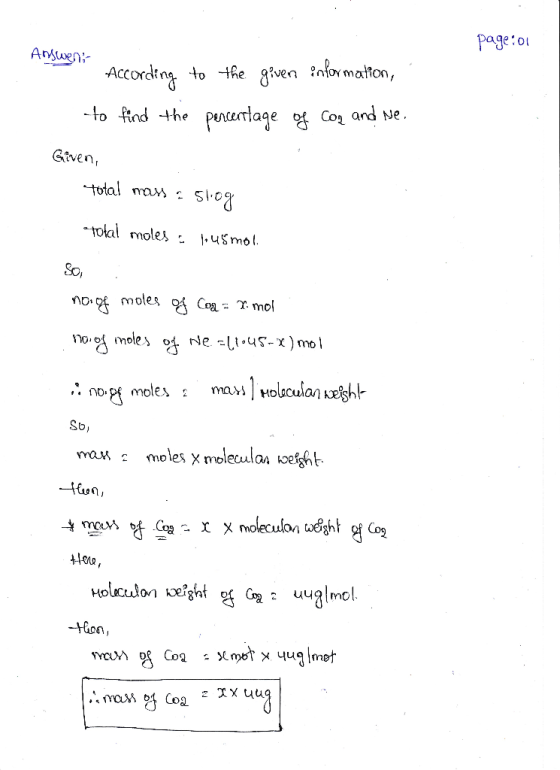 Page:o Ansuen According to the given informaton, Co and Ne. to fnd he pencertage Given total mas : tolal moles 1uSmol So mole