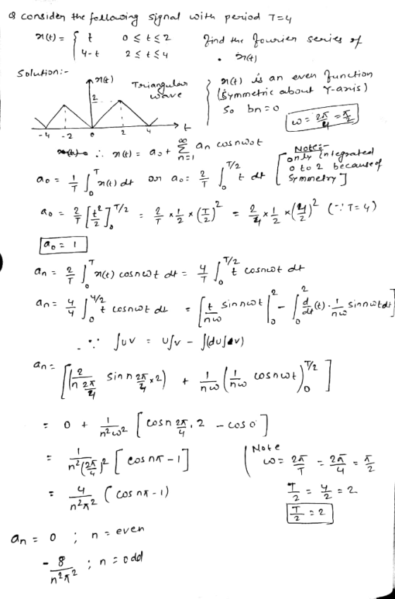 is consider the following signal with period T=4 21(t) = { t oste? find the fourier 4-€ 2354 MA) series of solution:- Ane)