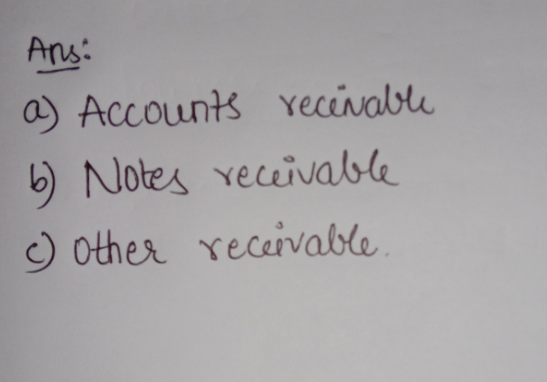 Ans: a) Accounts recevable b) Notes receivable c) other receivable.
